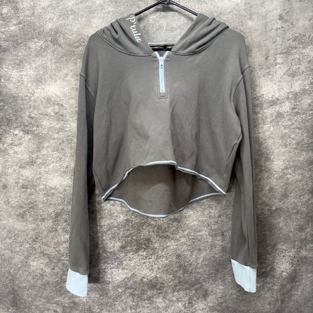 P'tula The Eva Chill Out Crop Hoodie Womens L Gray Blue 1/4 Zip